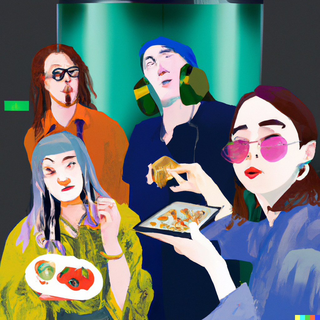 headroom-dall-e-group-of-people-eating-fancy-food-in-an-elevator-listening-loud-bass-music-digital-art-2